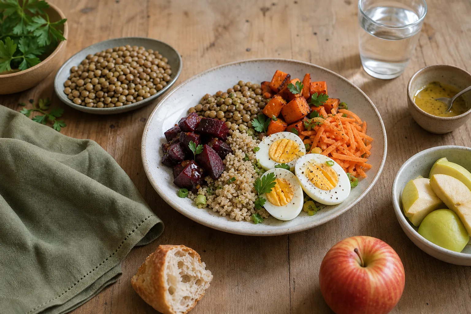 Assiette variée avec légumes, céréales, lentilles et œufs