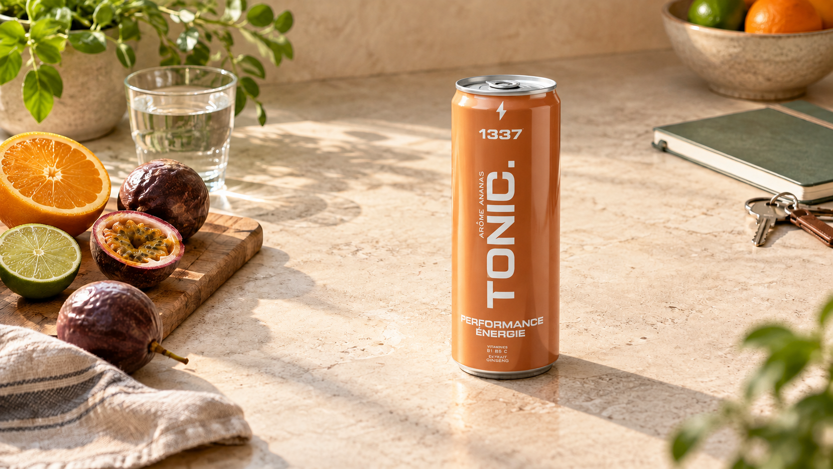 Canette 1337 TONIC de face, posée sur un plan de travail avec des fruits
