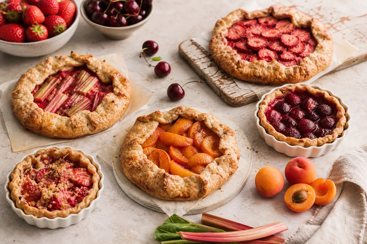 Tartes maison aux fraises, à la rhubarbe, aux cerises et aux abricots