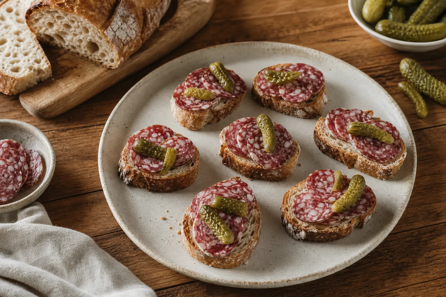 Tartines de pain garnies de saucisson et de cornichons